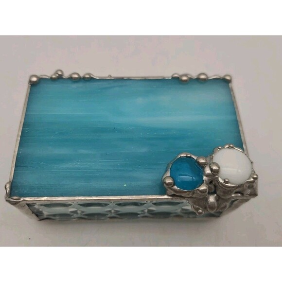 Sky Blue Stained Glass Lidded Jewelry Trinket Box Handmade - Picture 1 of 10